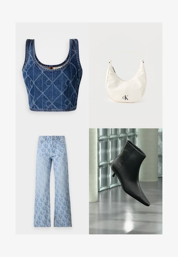 Denim-Crop-Top mit einem runden Ausschnit, der ein Diamantenmuster in hellerem Blau aufweist, und mit kontrastierendem Faden an den Kanten fertiggestellt.; Hellblaue Jeans aus Denim mit weitem Bein, ausgestattet mit einem Allover-Muster von ineinander verschlungenen Buchstaben in einem leicht dunkleren Farbton. Klassisches Fünf-Taschen-Design.; Schwarzer Leder-Stiefelette mit spitzer Zehenpartie und niedrigem Kitten-Heel, schräg dargestellt vor einem polierten Boden und einer Glasbausteinwand.; Kleine weiße halbmondenförmige Handtasche mit kurzem Trageriemen, Reißverschluss und schwarzem "cK"-Logo auf der Vorderseite.