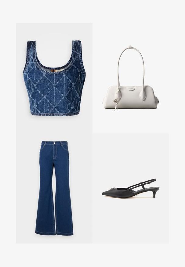 Denim crop top met een ronde hals, voorzien van een diamanten patroon geborduurd in lichter blauw, en afgewerkte randen met contrasterende draad.; Donkerblauwe flared jeans van denim. Kenmerken zijn onder andere riemlussen, voorzakken en contrasterende stiksels. Brede broekspijpen.; Zwarte slingback schoenen met een puntige neus, gemaakt van glad materiaal, met een kleine hak en een decoratieve zilverkleurige accent op de wreef.; Witte Calvin Klein schoudertas met lange hengsels, rechthoekige vorm, ritssluiting en decoratieve logohanger bij het hengsel.
