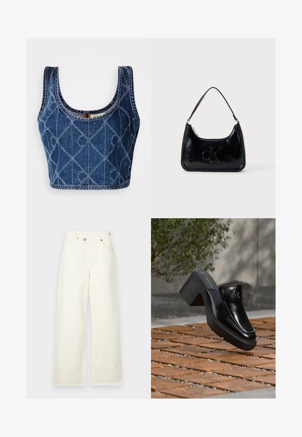 Denim crop top med en rund udskæring, der har et diamantmønster syet i lysere blå, og afsluttede kanter med kontrasttråd.; Bredde ben, krämfarvede jeans lavet af denim, med høj talje, fem lommer og en rå kant for en afslappet pasform.; Sort læder Calvin Klein slip-on mule med blokhæl, der hviler på trætøj udendørs nær en grøn plante og en grå væg.; Sort patentlæder håndtaske med et buet topgreb, lynlåsslukning og prægede "cK" logo på fronten. Glat tekstur, struktureret form.