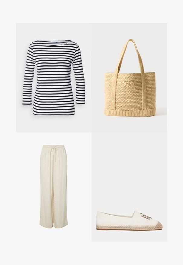 Marineblauwe en witte gestreepte langemouwen top met een brede halslijn en een zachte, rekbare stof. Heeft gelijkmatig horizontale strepen over het geheel.; Losvallende beige linnen broek met elastische tailleband en verstelbaar trekkoord, wijde pijpen, rechte snit.; Witte canvas espadrille met geweven jutezool en metalen decoratief embleem aan de voorkant.; Beige geweven strooien tas met twee schouderbanden en subtiele cursieve borduurwerk aan de voorkant, tegen een effen achtergrond.