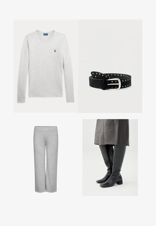 Lysegrå langærmet t-shirt med rund hals og lille marineblåt Polo Ralph Lauren-logo på venstre bryst.; Grå sweatpants med bred bendesign, blød tekstur og elastisk talje, uden synlige mønstre eller hardwaredetaljer.; Knæhøje sorte læderstøvler med firkantet tå, skråt stillet blokhæl og en sidesyning; glat tekstur og tætsiddende design.; Sort ruskindsbælte med sølvspænde og jævnt placerede sølvnitter langs hele længden, løst rullet på hvid baggrund.