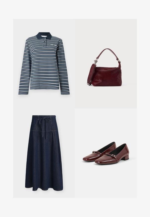 Poloshirt met lange mouwen in marineblauw en witte strepen, gemaakt van katoen, met een knoopsluiting bij de kraag en een klein logo op de borst.; Donkerblauwe denim A-lijn rok met sierstiksels en een voorgebonden ceintuur in de taille, getoond tegen een effen achtergrond.; Een paar glanzende donkerrode lage hak schoenen met een klein gespbandje over de bovenkant, geplaatst op een effen lichtgrijze achtergrond.; Kleine rechthoekige bordeauxrode handtas met gestructureerde afwerking, korte handgreep en afneembare schouderriem op een effen lichte achtergrond.