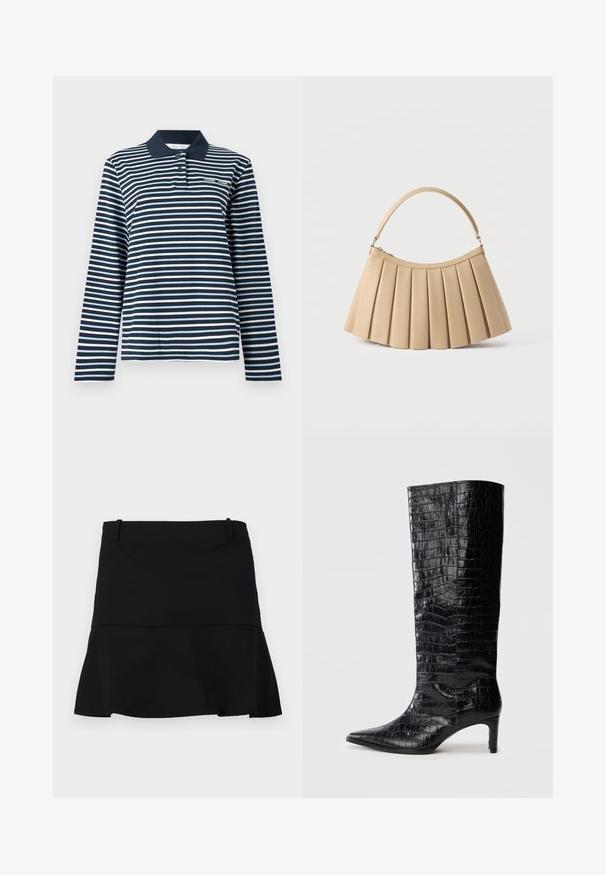 Polo à manches longues à rayures bleu marine et blanches, en coton, avec un col boutonné et un petit logo sur la poitrine.; Jupe noire courte avec un léger évasement à l'ourlet et des passants de ceinture à la taille sur un fond blanc.; Bottes noires montantes, avec une texture brillante à motif crocodile, bout pointu et talon effilé. Matériau synthétique lisse.; Sac à main plissé beige avec fermeture éclair incurvée en haut et poignée arquée simple, présenté sur un fond blanc.