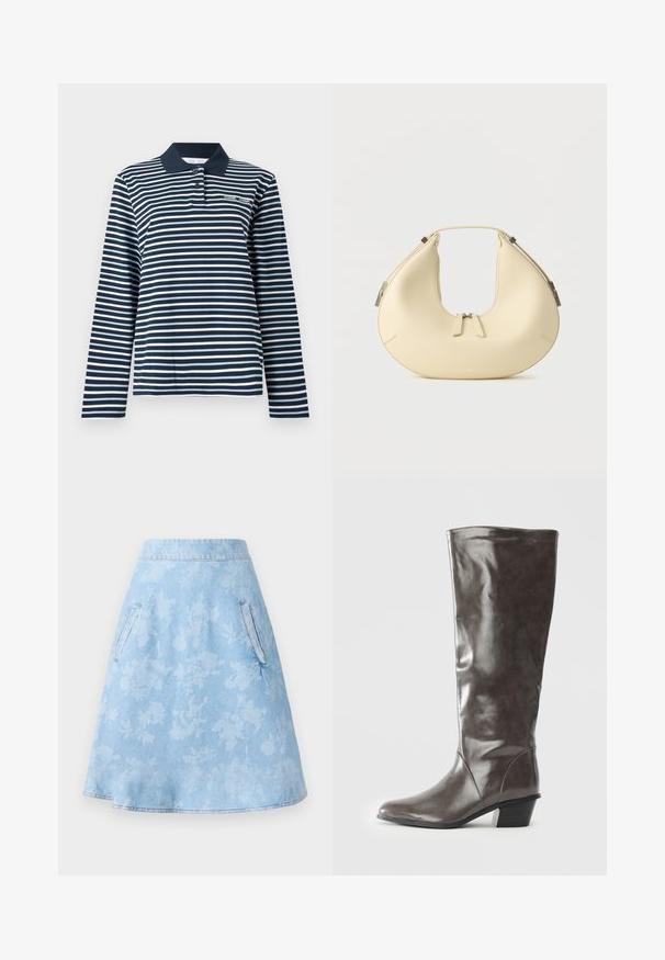 Poloshirt met lange mouwen in marineblauw en witte strepen, gemaakt van katoen, met een knoopsluiting bij de kraag en een klein logo op de borst.; Lichtblauwe A-lijn rok van denim met een subtiel bloemenpatroon, voorzien van twee zijzakken en een gladde, omgezoomde afwerking.; Hoge dameslaars van donkergrijs leer met een middelhoge hak en een afgeronde neus, weergegeven vanuit de zijkant op een witte achtergrond.; Beige, halvemaanvormige handtas met dubbele ritssluiting en korte handgreep, voorzien van zilverkleurige hardware details aan de zijkanten.