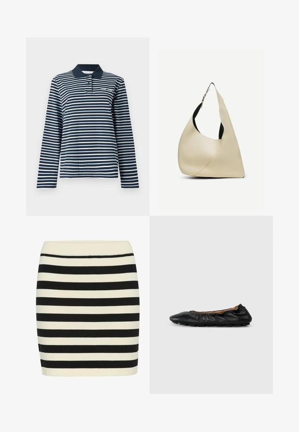 Polo de manga larga en rayas azul marino y blanco, de algodón, con cuello abotonado y un pequeño logo en el pecho.; Falda de punto a rayas en negro y crema, con forma ajustada y una cintura acanalada. Las rayas horizontales alternan en ancho para crear una textura visual.; Bailarina de cuero negro con detalles fruncidos en el cuello, punta redondeada y suela de goma flexible. Textura suave en toda su superficie.; Bolso de hombro de cuero liso color crema con forma triangular curva y correa ajustable con hebilla plateada.