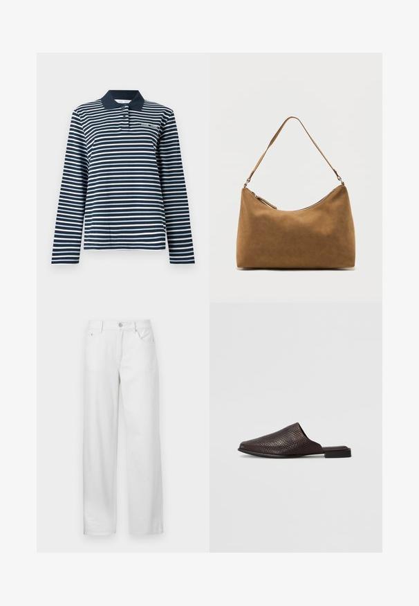 Polo à manches longues à rayures bleu marine et blanches, en coton, avec un col boutonné et un petit logo sur la poitrine.; Pantalons en denim blanc à coupe ample, avec une fermeture à bouton et zip, des passants de ceinture et un design traditionnel à cinq poches.; Mule noir à enfiler en matériau texturé avec un motif reptilien, doté d'un talon bas et plat et d'un design à bout ouvert arrondi.; Sac à bandoulière en daim marron avec une seule sangle et une fermeture éclair supérieure, présenté sur un fond blanc uni.