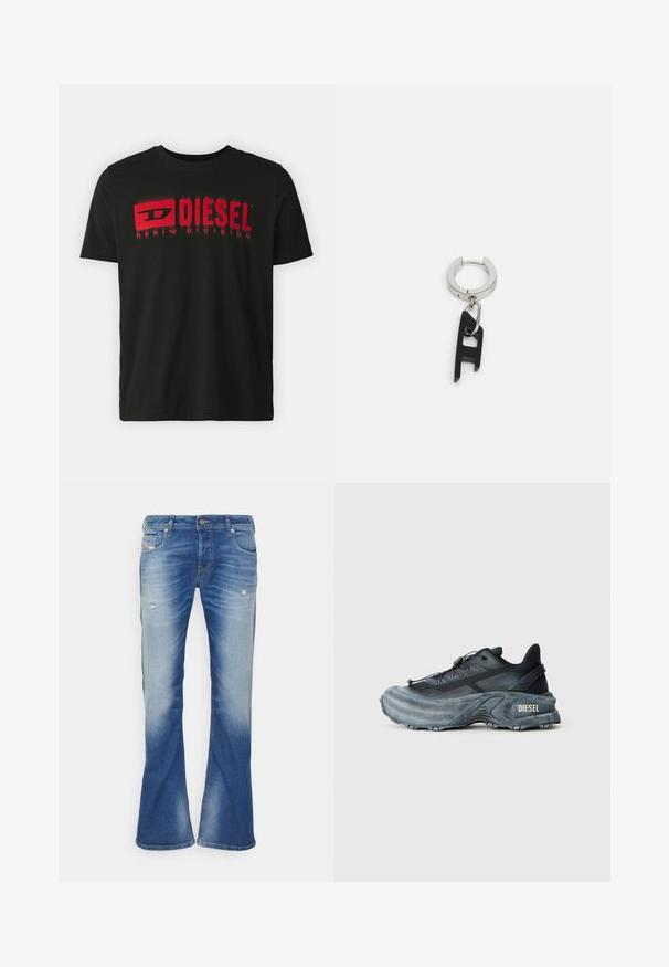 Schwarzes Baumwoll-T-Shirt mit rotem "DIESEL"-Logo und dem Text "DENIM DIVISION". Kurze Ärmel, Rundhalsausschnitt, glatte Textur, lockere Passform.; Blaue, ausgebleichte Bootcut-Jeans mit leichter Abnutzung an den Vorderseiten der Oberschenkel und klassischem Fünf-Taschen-Design auf weißem Hintergrund.; Schwarz- und graue Diesel-Sneaker mit dicker Sohle, Schnürverschluss und strukturiertem Design auf einem schlichten hellgrauen Hintergrund.; Diesel Ohrringe - silver- coloured