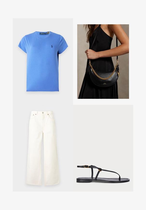 Sinine lühikeste varrukatega ümar kaelusega t-särk, mille vasakul rinnal on väike tume logo tikand ja krae sees Polo Ralph Laureni silt.; Kõrge vöökohaga valged laiade säärtega teksad, millel ees nupud ja tõmblukk, viie taskuga disain ning vaskne nupukinnitused.; Must have musta sandaalid minimalistlikus disainis. Omab õhukesi rihmasid, varbapost, kuldseid detaili rõhuasetusi ja sileda, tekstuuriga tallat.; Musta kleidiga naine hoiab õlal musta nahast poolkuu kujulist käekotti, millel on kuldne kett ja rihm.
