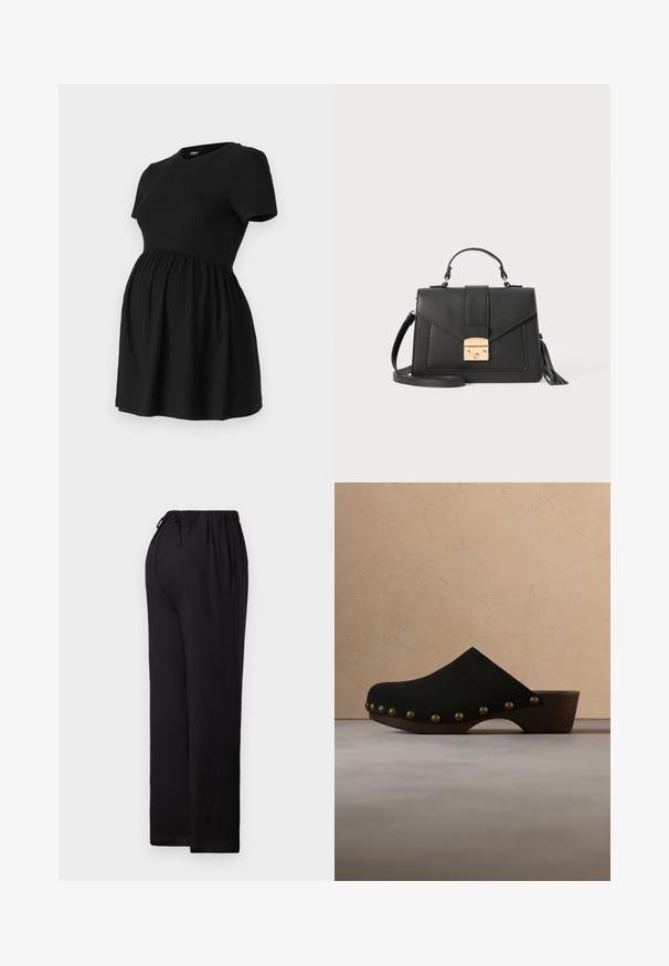 ONLY MATERNITY Peplum OLMMALAYA Peplum - T-shirts basic - black; Sorte, afslappede bukser i let materiale. Har en elastisk talje med snøre, lige ben-design og flad kant.; Sort trætræsko med messingnitter langs sålkanten, svævende over beige tæppe i et rum med neutrale farvetoner.; Sort læderhandtaske med struktureret design, guldfarvet hardware og aftagelig rem. Har en topheld og dekorativ pompon-detalje.