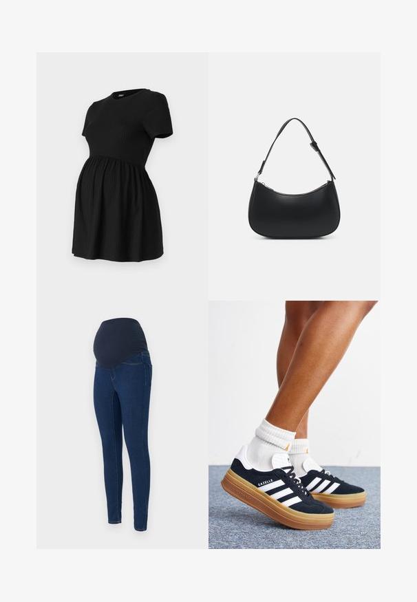 ONLY MATERNITY Peplum OLMMALAYA Peplum - Camiseta básica - black; Jeans de maternidad en denim azul oscuro, con una cinturilla elástica oscura y un diseño ajustado con bolsillos.; Piernas con calcetines blancos y zapatillas Adidas Gazelle negras con rayas blancas y suelas marrones gruesas sobre un suelo alfombrado gris.; Pieces PCALUANA SHOULDER BAG - Bolso de mano - black