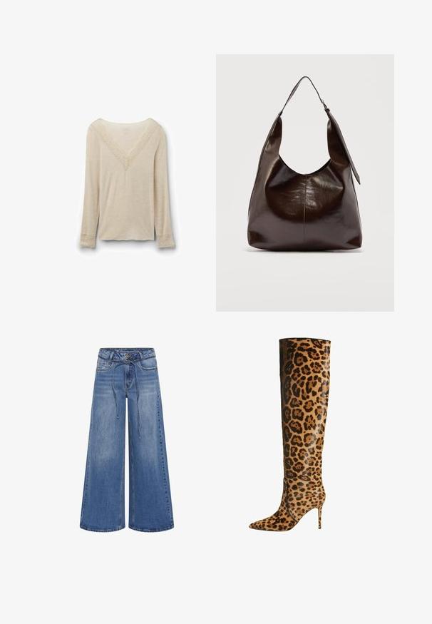 Beiges Langarmshirt mit V-Ausschnitt und Spitzenbesatz am Ausschnitt und an den Manschetten, dargestellt vor einem einfachen weißen Hintergrund.; My Essential Wardrobe MWKARO 144 MID XWIDE - Wide Leg - medium blue wash; Knöchelhochelastische Stiefel mit Leopardenmuster, spitz zulaufender Zehenpartie und Stiletto-Absatz, aus glattem, strukturiertem Material mit glänzender Oberfläche.; Dunkelbraune glänzende Lederschultertasche mit einem breiten einzelnen Riemen und Schnallendetail auf einer Seite, vor einem schlichten hellen Hintergrund.