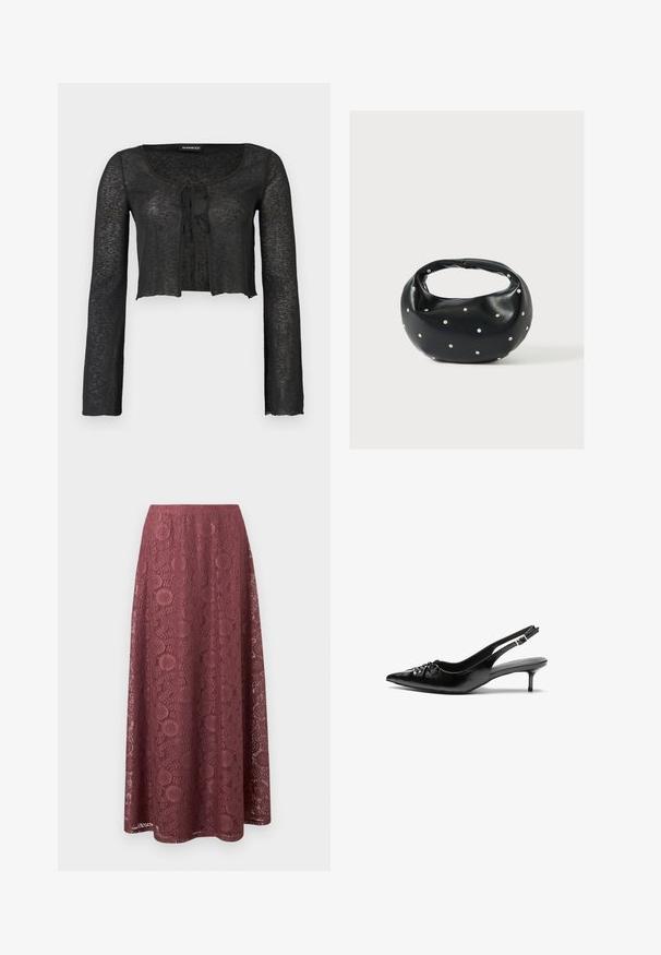 Zwarte doorschijnende cropped cardigan met lange mouwen, vooraan gestrikt en met een ronde halslijn van Even&Odd.; Lange mauve kanten rok met bloem- en geometrische patronen, A-lijn silhouet en een gladde tailleband.; Zwarte leren slingbackhakken met een spitsen neus, lage kittenhak en geplooide details op het bovendeel. Gladde textuur en minimalistisch ontwerp.; Zwarte leren handtas met een afgeronde vorm, versierd met zilveren studs, en een korte handgreep. Gladde textuur en ritsluiting.