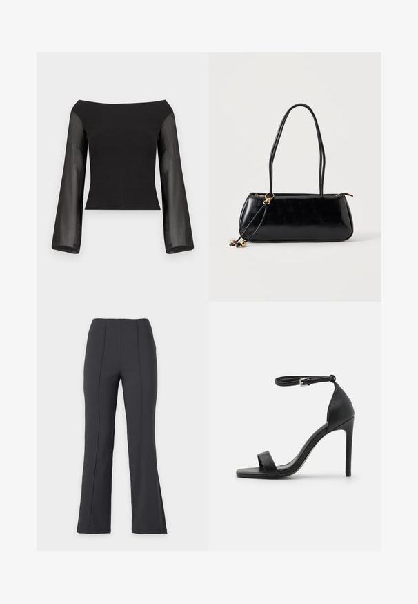 Zwart off-shoulder top met aansluitend lijfje en doorschijnende lange wijde mouwen, afgebeeld tegen een effen witte achtergrond.; Zwarte high-waisted, rechte broek met verticale naden aan de voorkant, getoond tegen een effen lichte achtergrond, zonder zichtbare sluitingen of zakken.; Zwarte sandalen met hoge hakken, met een slank ontwerp, voorzien van een enkelbandje, open teen en een gladde leren textuur.; Zwarte rechthoekige handtas met twee lange bandjes, gouden ringdetail en ritssluiting op een effen lichte achtergrond.