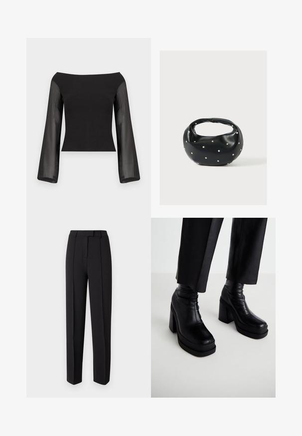 Schwarzes schulterfreies Oberteil mit figurnahem Oberteil und transparenten, langen Trompetenärmeln, dargestellt vor einem schlichten weißen Hintergrund.; Schwarze, maßgeschneiderte Hose mit glatter Textur, geradem Schnitt, Gürtelschlaufen und zwei vorderen Abnähern für zusätzliche Details.; Schwarze Leder-Plattform-Stiefeletten mit hohem Blockabsatz und glatter Textur. Merkmale sind eine Nahtverarbeitung und ein enganliegendes Oberdesign.; Schwarze Lederhandtasche mit abgerundeter Form, verziert mit silbernen Nietenakzenten und kurzem Griff. Glatte Struktur und Reißverschlussverschluss.