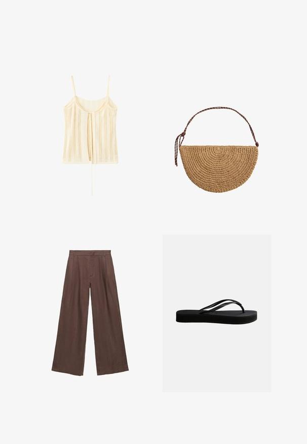 Débardeur en maille crème avec fines bretelles, rayures verticales en maille ouverte et un détail noué à l'avant qui pend librement.; Pantalon marron taille haute à jambes larges, avec passants de ceinture et plis sur le devant, en tissu léger.; Tongs en caoutchouc noir avec semelle texturée et bride en forme de Y, vues de côté sur un fond clair uni.; Sac à main en paille tressée en forme de demi-lune avec une bandoulière marron réglable nouée à une extrémité sur fond blanc.