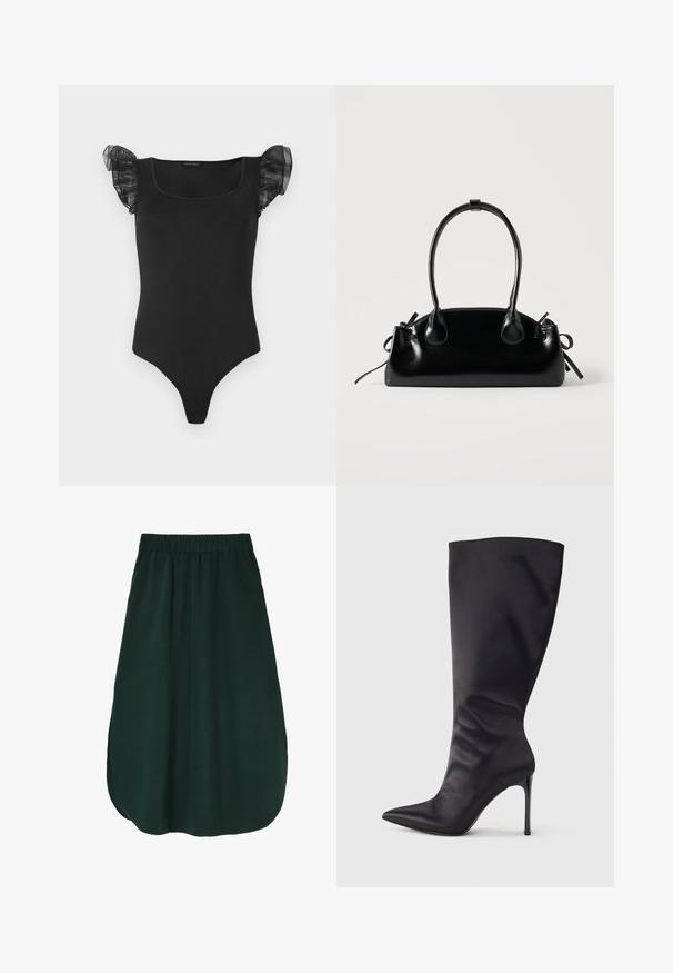 Bodysuit ajusté noir avec décolleté carré et manches courtes en voile froncé, présenté à plat sur un fond blanc.; Jupe vert foncé en tissu doux, avec une taille élastique et une coupe fluide avec un ourlet arrondi. Aucun motif ni élément visible.; Botte noire haute jusqu'aux genoux en cuir verni lisse et élégant ; bout pointu ; ajustée avec un léger froncé près de la cheville ; talon brillant.; Petit sac à main noir brillant avec deux longues anses et des détails à cordon sur les côtés sur un fond clair uni.
