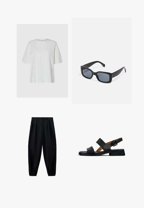 Schlichtes weißes T-Shirt mit kurzen Ärmeln und Rundhalsausschnitt, auf grauem Hintergrund präsentiert, ohne sichtbare Muster oder Logos.; Schwarze, hochgeschnittene, verjüngte Hose mit Falten am Bund und an den Bündchen sowie Seitentaschen, auf weißem Hintergrund gezeigt.; Schwarze Leder-Sandale mit zwei horizontalen Riemen und einem geschnallten Knöchelriemen. Flache, strukturierte Sohle mit einem leichten Absatz und einer glatten Oberfläche.; Schwarze rechteckige Sonnenbrille mit dunkel getönten Gläsern, dickem Kunstrahmen und breiten Bügeln. Glatte Oberfläche und kantiges Design.