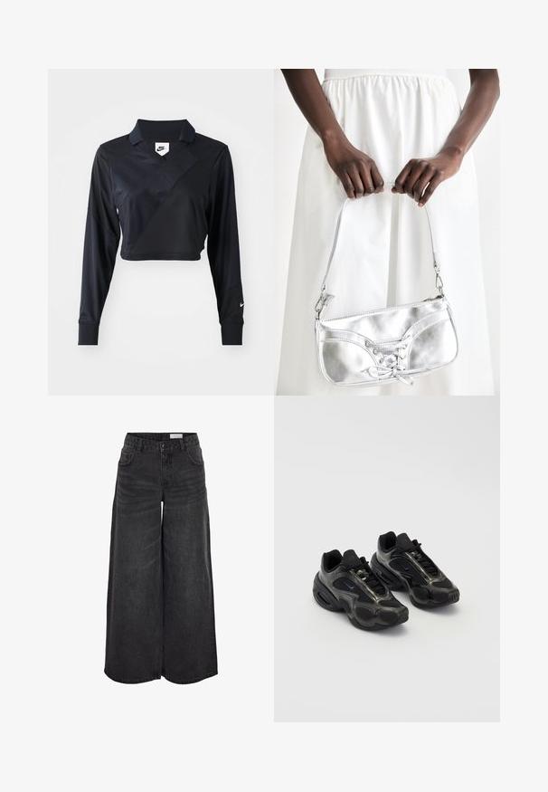 Sort langærmet cropped polo-skjorte med V-hals, der har et diagonalt sømdesign, glat tekstur og et Nike-logo på ærmet.; Bredde ben sorte denimshorts med høj talje, forlommer og subtil tekstur; designet til en afslappet pasform.; Sorte sportssko lavet af syntetisk materiale med mesh-detaljer og afrundede såler. Har snørresystem og fremtrædende Nike-logo på tungen.; Sølvmetallic håndtaske med snøredetaljer, der har et slankt design og en kort strop. Tasken holdes i hænderne for at fremvise dens tekstur.
