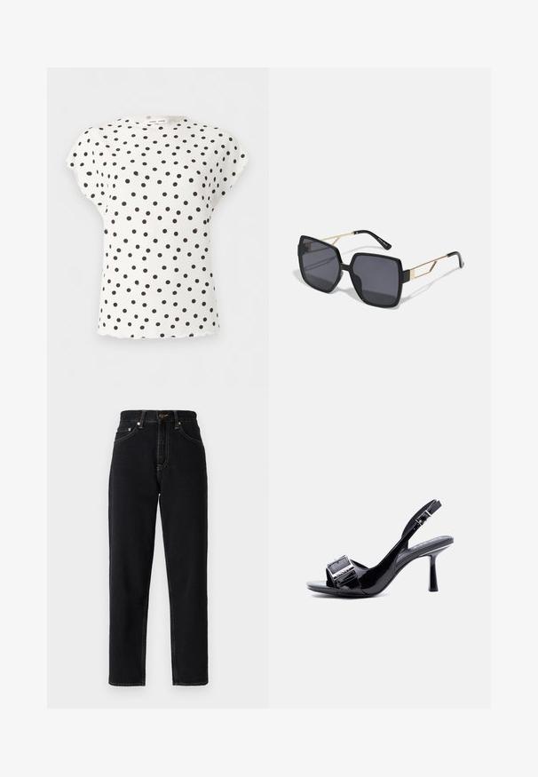 Hvid bluse med korte ærmer, rund halsudskæring og sort prikmønster jævnt fordelt over stoffet.; Sorte denimjeans med lige ben design, høj talje og kontrastsyning. Har fem lommer og lynlåslukning.; Sort laklæderslingback-sandal med høj hæl og en sølvspænde på frontremmen mod en ensfarvet hvid baggrund.; Anna Field Solbriller - black