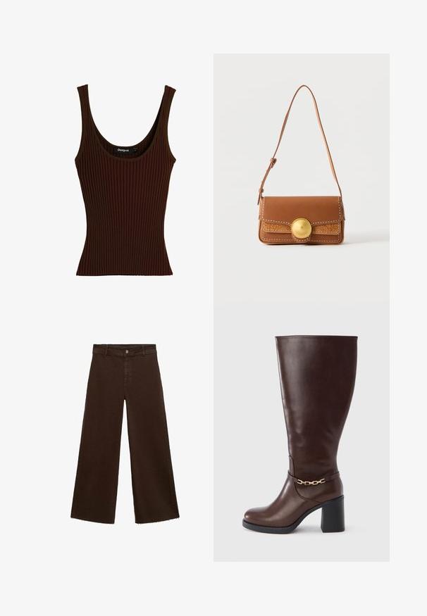 Ærmeløs, ribstrikket tanktop i mørkebrun med rund halsudskæring og Desigual-mærke indeni kraven, størrelse medium.; Brune viddebukser i en bomuldsblanding, med en frynset kant, frontknaplukning og klassisk fem-lomme design. Minimalistiske og alsidige.; Brun læderstøvle til knæet med firkantet tå, kraftig hæl og guldkæde-detalje rundt om anklen. Glat tekstur og elegant design.; Brun skuldertaske i læder med justerbar strop, hvide syninger, præget mønster og stor rund guldlås på frontklappen.