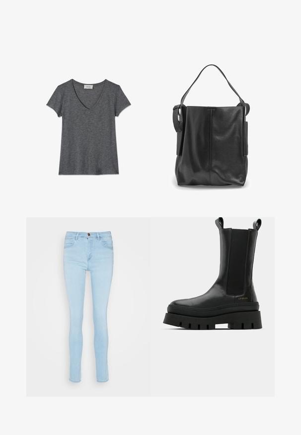 Mørkegrå kortærmet T-shirt til kvinder med V-udskæring og blødt meleret stof, lagt fladt på en hvid baggrund.; Lys blå denim skinny jeans med for- og baglommer, en messingknap og en glat tekstur, der har en tætsiddende silhuet.; Sorte ankelstøvler med en glat læderfinish, elastiske sidepaneler og en chunky, struktureret platformssål, der har et logo-detail.; Sort læder tote taske med en slap design, der har en enkelt skulderrem og sidelommer for ekstra funktionalitet. Glat tekstur.