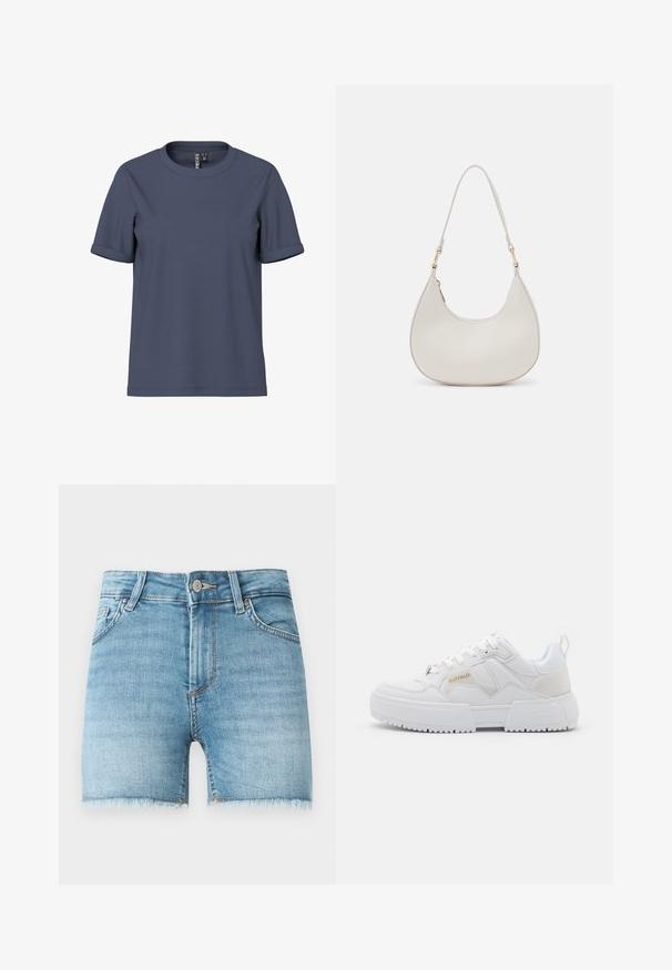 Camiseta azul de algodón de manga corta con puños enrollados y cuello redondo, mostrada sobre un fondo blanco.; Pantalones cortos de mezclilla en azul claro con dobladillo deshilachado, cinco bolsillos y cierre de botón en la parte delantera. Presenta un ligero desgaste y un corte clásico.; Zapatillas blancas con un diseño grueso, que presentan materiales de cuero y sintéticos, detalles texturizados, cordones y un logotipo destacado en dorado.; Bolso de hombro de cuero crema con forma de media luna, correa delgada y sutil detalle de costuras. Diseño minimalista con acentos de hardware en tono dorado.