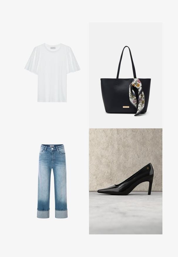 Weißes T-Shirt mit kurzen, ausgestellten Ärmeln, das ein Broderie-Anglaise-Muster zeigt. Glattes Material und klassischer Rundhalsausschnitt.; Helle blaue Jeans aus Denim mit hoher Taille, weitem Bein und umgeschlagenen Säumen. Besitzt ein klassisches Fünf-Taschen-Design und Details aus Kupfer.; Schwarzer High-Heel-Schuh mit spitzer Zehenpartie und goldfarbenem Logodetail, aufrecht stehend auf einer reflektierenden Oberfläche neben einem Metall-Aktenhalter.; Schwarze Leder-Umhängetasche mit zwei Schulterriemen, versehen mit einem floralen Seidenschal, der am Griff gebunden ist, sowie einem metallischen Logoakzent auf der Vorderseite.