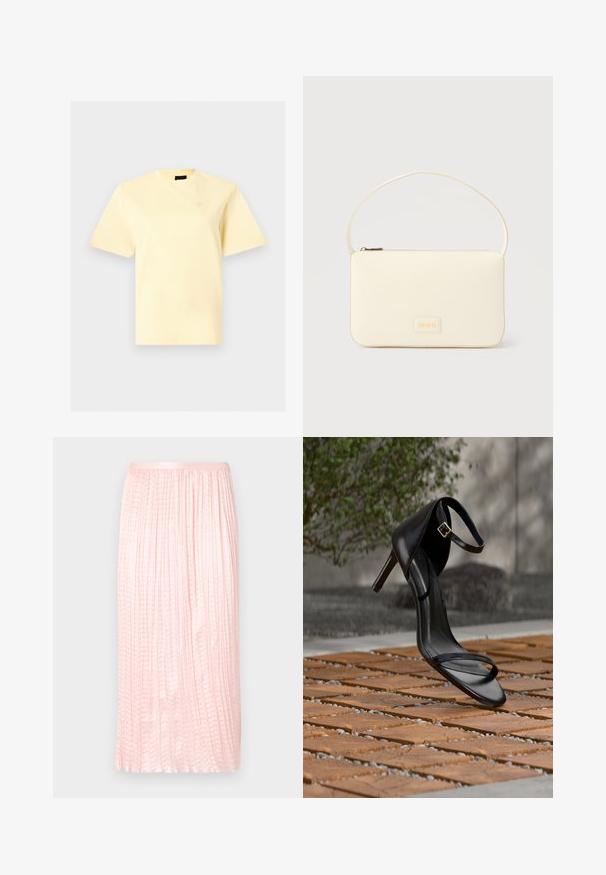 T-shirt jaune pâle à manches courtes et col rond avec un petit logo brodé sur la poitrine gauche, présenté sur un fond gris clair.; Jupe midi plissée en rose doux, avec une texture lisse et une taille élastique. Conçue avec des plis verticaux pour un aspect fluide.; Sandale noire à talon haut avec sangle à la cheville, suspendue au-dessus d'un sol en carreaux de bois à l'extérieur, avec un arrière-plan flou de verdure et de pierre.; Sac à main rectangulaire de couleur crème avec une seule sangle et une fermeture éclair sur le dessus, comportant une petite plaque de logo embossé à l'avant.