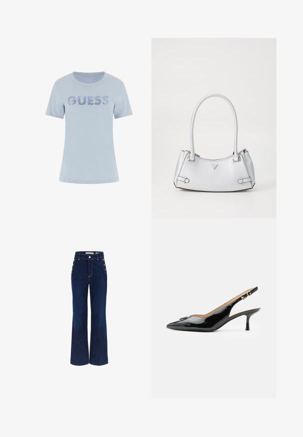 Lyseblå T-shirt med korte ærmer med "GUESS" i blåt blomsterprint og "EST. 1981" trykt nedenunder på fronten i midten.; Mørkeblå bredbenede jeans med høj talje, der har knapdetaljer på siderne og en glat denimtekstur.; Sort patentlæder slingback hæl med spids tå, lille kitten hæl og sølvspænde på en ensartet hvid baggrund.; Sølv håndtaske med et struktureret design, der har to håndtag, en skinnende overflade, accenthardware og et trekantet logo på fronten.