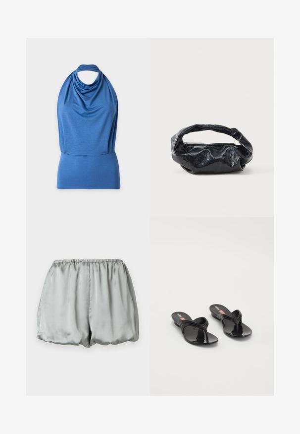 Top azul sin mangas con cuello halter, tela drapeada y cinturilla ancha ajustada sobre un fondo liso.; Pantalones cortos de satén gris claro con cintura elástica fruncida y un diseño suelto y ligeramente abombado.; Melissa QUANTUM THONG X DIESEL - Sandalias de dedo - black; Bolso negro hecho de un material brillante y texturizado con un asa circular retorcida y un cierre de cremallera. Presenta un diseño suave y arrugado.
