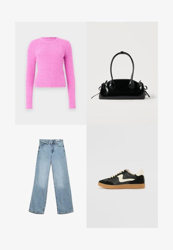 Roze lange mouw trui van textuurstof. Heeft een ronde halslijn en een aansluitende pasvorm, met een ribbelpatroon overal.; Lichtblauwe jeans met hoge taille en wijde pijpen, met knoop- en ritssluiting, voor- en achterzakken en riemlussen.; Zwarte suède en leren sneaker met een crèmekleurige zij-swoosh en lichte crèmekleurige hiel. Voorzien van beige veters en een gumrubberen zool.; Kleine zwarte glanzende handtas met twee lange hengsels en zijkant trekkoord details op een effen lichte achtergrond.
