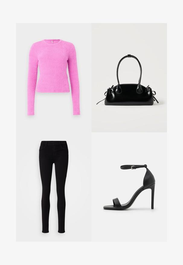 Pull à manches longues rose en tissu texturé. Présente un col rond et une silhouette ajustée, avec un motif en côtes sur l'ensemble.; Pantalons slim fit noirs avec fermeture à bouton, passants de ceinture et poches avant, présentés sur un fond clair et uni.; Sandale noire à talons hauts au design épuré, avec une bride au niveau de la cheville, un bout ouvert et une texture en cuir lisse.; Petit sac à main noir brillant avec deux longues anses et des détails à cordon sur les côtés sur un fond clair uni.