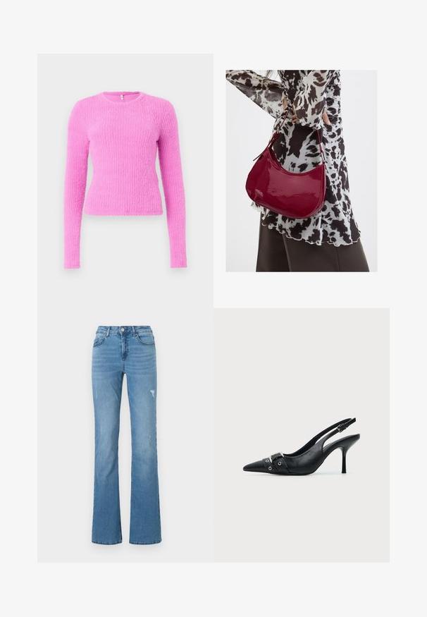 Lyserød langærmet sweater lavet af tekstureret stof. Har en rund halsudskæring og en tætsiddende silhuet med et ribbet mønster over det hele.; Lyseblå, flagrende jeans lavet af denim, med høj talje, fem lommer og diskrete slidte detaljer på benene.; Sort læder højhælet sko med spidst tåparti, slingback og rem med spænde og nitter foran.; Kvinde iført en sort- og hvidmønstret bluse, der holder en blank rød skuldertaske mod en ensfarvet baggrund.