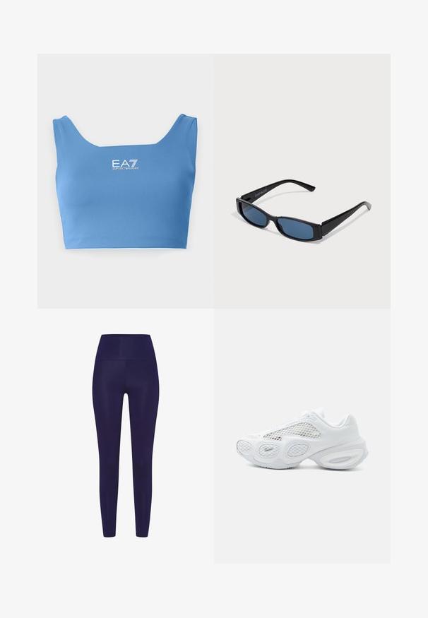 Top corto azul hecho de tela lisa y elástica. Presenta un escote cuadrado y un logo impreso en blanco en el frente. Diseño sin costuras.; Leggings azul marino con una cintura alta, hechos de un material liso y elástico. El diseño presenta una forma ajustada sin patrones.; Zapatilla deportiva blanca con paneles de malla, diseño de suela redondeada y pequeño logo de Nike cerca de la puntera sobre un fondo liso y claro.; Gafas de sol negras con una elegante montura rectangular y lentes azules. Presentan una textura suave y varillas resistentes. Logo de la marca en el costado.