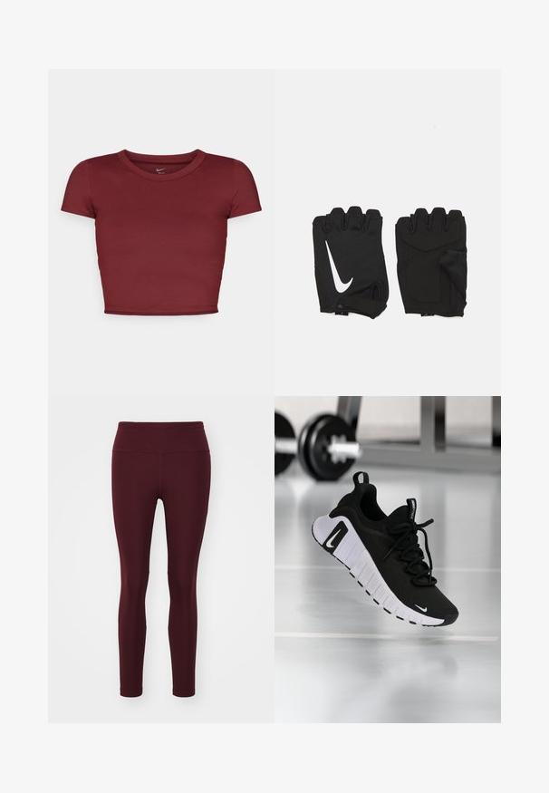 Bordeaux kortærmet crop top lavet af glat stof med rund halsudskæring. Minimalistisk design, ingen synlige logoer eller mønstre.; Bordeaux leggings lavet af strækstof med høj talje, der har en glat overflade og tætsiddende silhuet, uden mønstre eller accenter.; Sort atletiksko med en tekstureret stofoverdel, hvid sål og fremtrædende snøresystem. Indeholder en Nike-logo og et blødt, polstret design.; Sorte fingerløse træningshandsker lavet af åndbart stof, med et hvidt Nike-logo, polstrede håndflader og et åbent håndledsdesign for fleksibilitet.