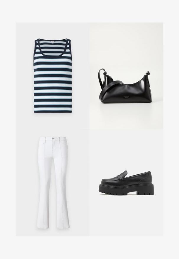 Stribet tanktop med ribbet tekstur, med mørkeblå og lyseblå horisontale striber, rund halsudskæring og mørk kant.; Hvide denim flare jeans med høj talje, der har kontrastsyninger, forlommer og lynlås. Glat, holdbart stof med god tekstur.; Sorte læder loafers med en lav, grov gummi sål, syede detaljer på overdelen og en glat overflade.; Sort læderhåndtaske med en glat tekstur. Har en justerbar stropp og et enkelt, minimalistisk design med lynlås.