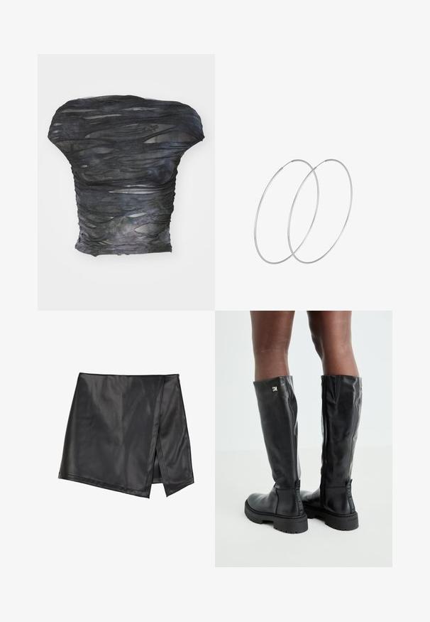 Sort, gennemsigtig top med et tekstureret, lagdelt design med horisontale udsparinger. Materialet ser let ud med subtile farvevariationer.; Even&Odd by Zalando Mini skirts - black; Sorte knæhøje læderstøvler med en glat overflade, rund tå, kraftig sål og lynlåslukning. Har sølvlogo på siden.; Sølvøreringe med et minimalistisk design. Cirkulær form, glat tekstur og tynd profil. Letvægtige med en poleret overflade.