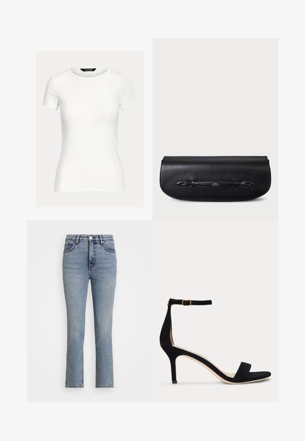 Schlichtes weißes, figurbetontes T-Shirt mit kurzen Ärmeln und Rundhalsausschnitt sowie einem Lauren Ralph Lauren-Etikett innen im Kragen.; Hellblaue Jeans aus Denim mit hoher Taille, geraden Beinen und subtilen Auswaschungen. Sie verfügen über einen Metallknopf und kontrastierenden Nähten.; Schwarze Wildleder-Sandalette mit schmalem Knöchelriemen und goldener Schnalle, offenem Zehenbereich und mittelhohem Absatz auf weißem Hintergrund.; Schwarze Leder-Clutch mit glatter Textur, abgerundeter Form und einem dekorativen Riemen mit goldfarbenem Logodetail.