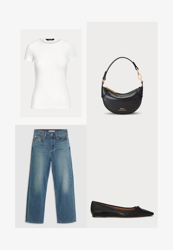 Camiseta blanca lisa y ajustada de manga corta con cuello redondo y etiqueta de Lauren Ralph Lauren en el interior del cuello.; Jeans de mezclilla azul claro con corte recto. Las características incluyen una cinturilla cosida, cinco bolsillos y desvanecimiento visible.; Bailarina de cuero negro con punta afilada, silueta delgada y un pequeño lazo en la parte frontal. Textura lisa y diseño minimalista.; Bolso de mano de cuero negro con una silueta curvada, cremallera de metal y un asa corta. Cuenta con herrajes dorados y un logo grabado en la parte frontal.