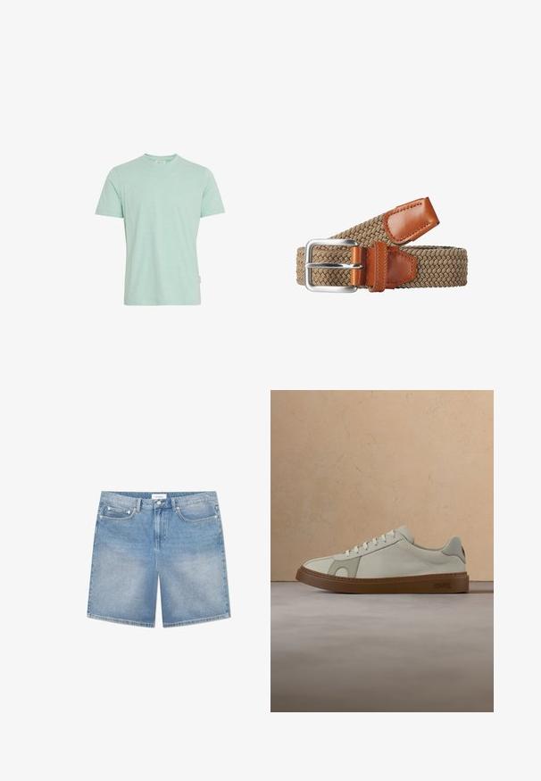 Camiseta de manga corta en verde menta claro con cuello redondo, hecha de un tejido suave y texturizado. Presenta una pequeña etiqueta en el dobladillo.; Pantalones cortos de mezclilla azul claro con un corte recto, cinco bolsillos, un ligero desgastado y una etiqueta de marca en la cinturilla. Material de algodón con costuras clásicas.; La zapatilla presenta una parte superior de cuero crema, costuras claras y una suela de goma marrón. Tiene una puntera redondeada y un diseño clásico de cordones.; Cinturón elástico tejido en tono marrón con detalles de cuero marrón. Presenta una hebilla de metal plateado, que ofrece un diseño texturizado y flexible para mayor comodidad.