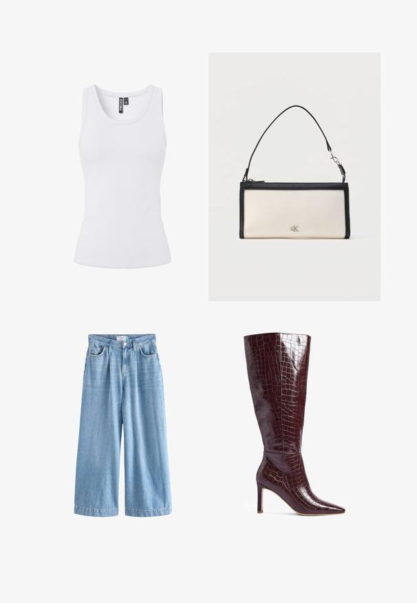 Hvid bomulds tanktop med ribbet tekstur, scoop halsudskæring og uden ærmer. Har et tætsiddende design for en snug pasform.; Lyseblå denim palazzo jeans med brede ben, der har høj talje, frontlommer og knaplukning. Diskret falmet tekstur.; Knæhøje bordeauxstøvler med en blank, krokodillepræget finish, spids tå og slank stilettohæl. Glat tekstur, elegant design.; Rektangulær kremfarvet clutch med sort kant og håndtag, med en lille sølvfarvet "cK" logo i midten foran.