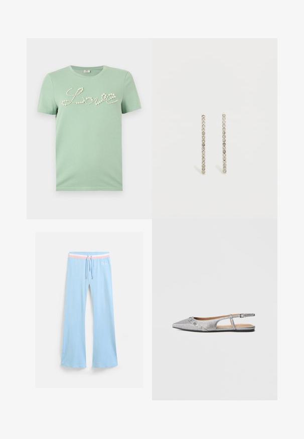 Mintgrøn t-shirt med korte ærmer og rund halsudskæring med ordet "Love" stavet ud med perleperler på tværs af brystet.; Lyseblå, flagrende sweatpants med snor i taljen. Har en pink og hvid stribet accent samt broderet logo. Blød stoftekstur.; Sølvfarvet slingback-flad sko med spids tå, tekstureret finish og dekorative sølvpynt på frontremmen.; Sølvfarvede lineære øreringe med små klare krystaller arrangeret i en lodret linje, der fremhæver deres slanke og minimalistiske design.
