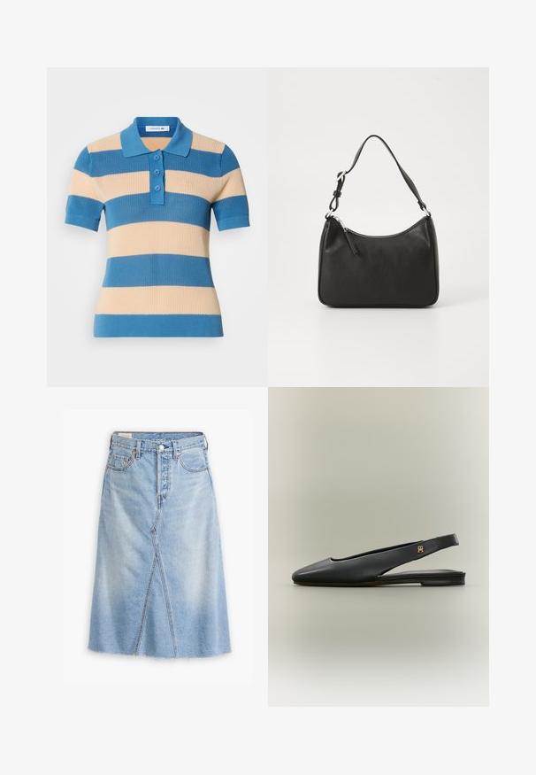 Kurzärmliges Strick-Polohemd mit blauen und beigen horizontalen Streifen, drei Knöpfen sowie einem gerippten Kragen und Bündchen.; Hellblaues Jeansrock mit geradem Schnitt, vorderem Schlitzdetail, fransigem Saum, Fünf-Taschen-Design und metallenen Hardware-Akzenten.; Schwarzer Leder Slingback-Flachschuh mit spitzer Spitze und goldfarbenem Logo-Akzent am Riemen, dargestellt auf neutralem Hintergrund.; Schwarze Lederhandtasche mit geschwungener Form, einem einzigen Tragegurt, Reißverschlussverschluss und dezentem Branding auf der Vorderseite. Glatte Textur, minimalistisches Design.
