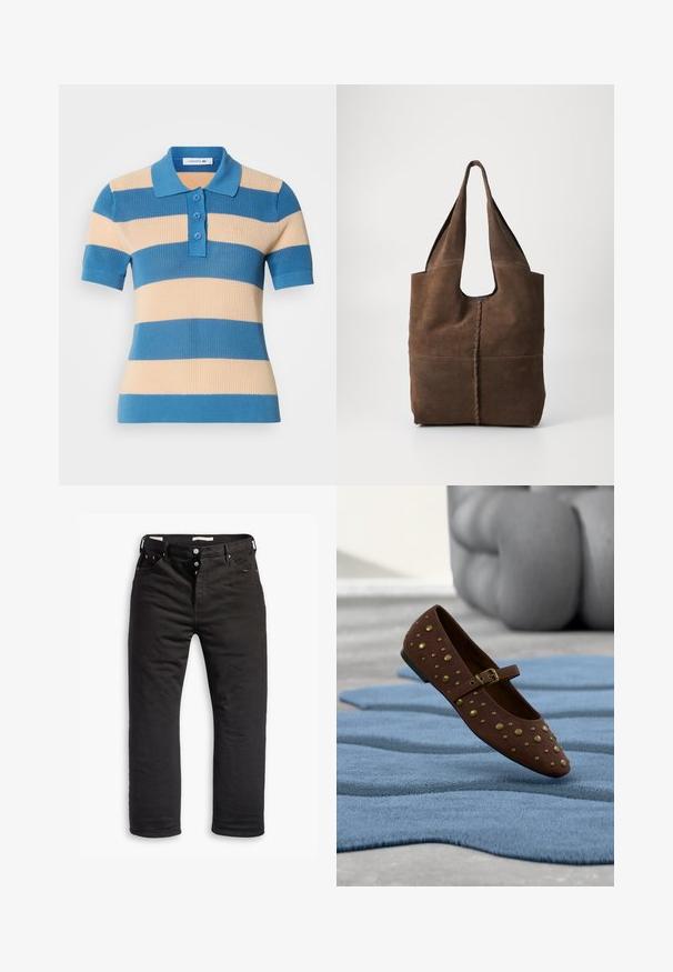 Kurzärmliges Strick-Polohemd mit blauen und beigen horizontalen Streifen, drei Knöpfen sowie einem gerippten Kragen und Bündchen.; Schwarze Denim-Jeans mit geradem Bein, ausgestattet mit einem Knopfverschluss, fünf Taschen und dezentem Stickdetail. Angenehme Textur.; Brauner flacher Mary-Jane-Schuh mit goldfarbenen dekorativen Nieten und Schnalle, der auf einem strukturierten blauen Teppich liegt, im Hintergrund ein graues Sofa.; Braune Wildleder-Tasche mit einem lässigen Design, ausgestattet mit zwei langen Griffen, einer zentralen Naht und einem rohen kanten Finish.