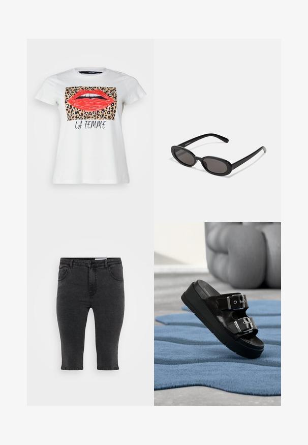 Hvid bomulds t-shirt med et grafisk motiv af røde læber og et baggrund i leopardtryk, med teksten "LA FEMME" nedenfor i sort. Korte ærmer.; Sorte denim capri-bukser med lige skæring, fem lommer og tonalt syning. Stoffet har en let tekstur og et klassisk design.; Sort slidesandal med to sølvspænder, platårsål, placeret på tekstureret blåt tæppe med slørede beige møbler i baggrunden.; Even&Odd Solbriller - black