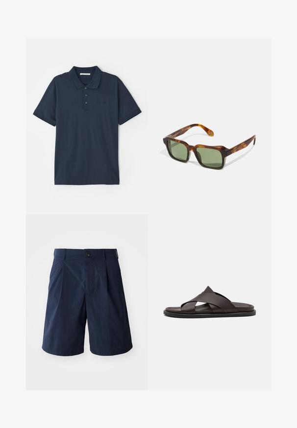 Marineblå polo shirt lavet af bomuld, med en tre-knaps lukning, korte ærmer og et diskret logo på brystet. Glat tekstur.; Mørkeblå shorts lavet af letvægtsstof, med knappelukning, sidelommer og et enkelt design med plissee foran.; Stuart Weitzman BERKLEY - Slip-on sandaler - espresso; Firkantede solbriller med en skildpaddefarvet stel, grønne linser og tykke arme. Har skarpe hjørner og en blank overflade. Justerbar pasform.