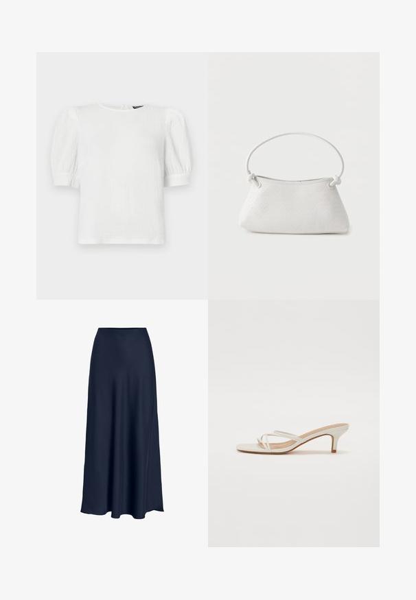 Wit textuur kort mouwen top met een ronde halslijn, voorzien van opgeblazen mouwen en een subtiel gerimpeld ontwerp.; Navyblauwe satijnen maxirok met een gladde textuur, hoge taille en vloeiende silhouet. Eindigt met een lichte curve aan de zoom.; Witte blokhak sandalen hebben dunne banden en een vierkante teenontwerp. De hak is ongeveer van gemiddelde hoogte en heeft een gladde afwerking.; Witte handtas van gevlochten leer met een afgeronde handgreep en uiteinden van de band die geknoopt zijn, afgebeeld tegen een effen achtergrond.