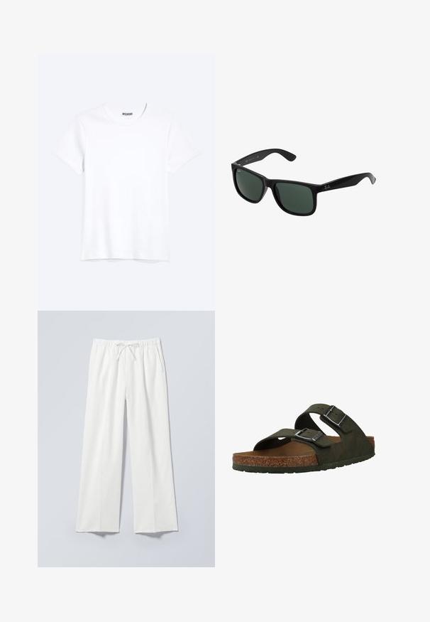 Camiseta blanca lisa de cuello redondo y manga corta con una etiqueta visible de la marca WEEKDAY en el cuello, mostrada sobre un fondo claro.; Pantalones blancos de pierna ancha con cintura elástica y cordón, con bolsillos laterales y una tela lisa ligeramente texturizada.; Sandalias verdes tipo slip-on con dos correas ajustables, una plantilla de corcho y suela de goma. Presentan hebillas plateadas y un material superior texturizado.; Gafas de sol de plástico negro con lentes verdes, que cuentan con un marco cuadrado, acabado liso y el prominente logo de Ray-Ban en las patillas.