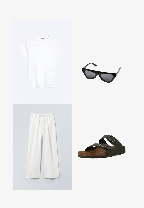 Camiseta blanca lisa de cuello redondo y manga corta con una etiqueta visible de la marca WEEKDAY en el cuello, mostrada sobre un fondo claro.; Pantalones blancos de pierna ancha con cintura elástica y cordón, con bolsillos laterales y una tela lisa ligeramente texturizada.; Sandalias verdes tipo slip-on con dos correas ajustables, una plantilla de corcho y suela de goma. Presentan hebillas plateadas y un material superior texturizado.; Gafas de sol tipo ojo de gato negras con montura gruesa y lentes tintadas oscuras, mostradas sobre un fondo blanco.