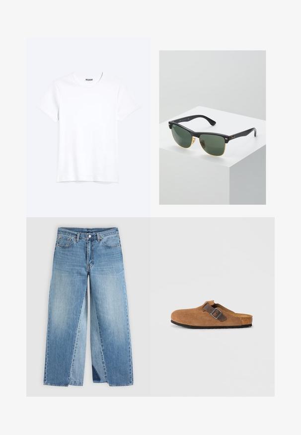 Schlichtes weißes T-Shirt mit kurzen Ärmeln und Rundhalsausschnitt mit gut sichtbarem WEEKDAY-Label am Kragen, dargestellt auf hellem Hintergrund.; Jeans mit geradem Bein aus blauem Denim, klassischem Fünf-Taschen-Design und vorderem Knopfverschluss, flach auf neutralem Hintergrund dargestellt.; Braune Wildlederclogs mit einem verstellbaren braunen Lederriemen und einer silbernen Schnalle, ausgestattet mit einer geformten Korkfußbett und einer strukturierten Gummisohle.; Ray-Ban Sonnenbrillen mit grünen Gläsern, schwarzen Kunststoffrahmen und goldenen Akzenten an den Rändern. Quadratische Form mit matter Oberfläche.